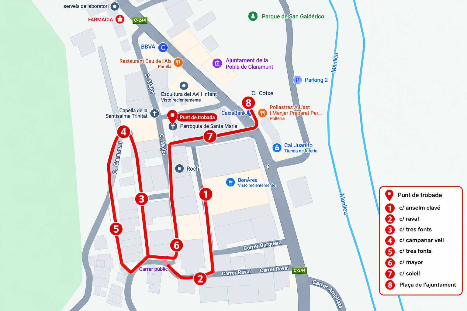 Mapa del recorregut del Correfoc amb els punts numerats de l'1 al 8